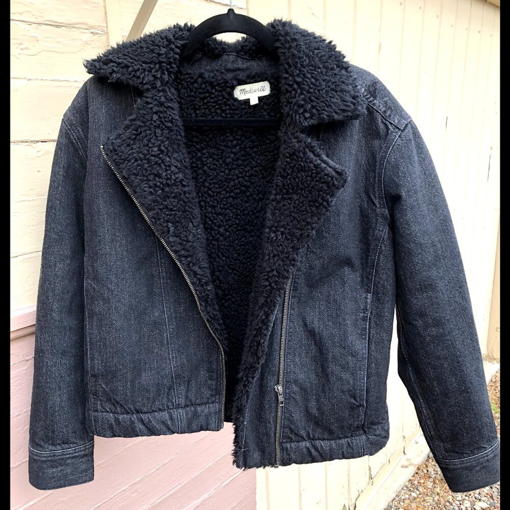 Madewell Black Jean Bomber Jacket with Sherpa Fur
